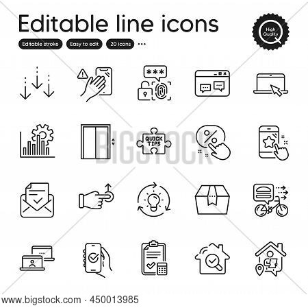 Set Of Technology Outline Icons. Contains Icons As Drag Drop, Star Rating And Food Delivery Elements