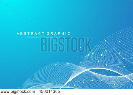 Digits Abstract Background With Connected Line And Dots, Wave Flow. Digital Neural Networks. Network