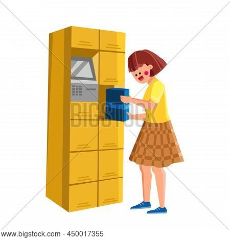 Locker Self Service Storage Cabinet Tool Vector. Locker Equipment Using Young Woman For Picking Up P