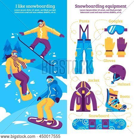 Snowboarding Vertical Banners With Snowboarders Sliding Downhill And Set Of Sporting Equipment Flat 