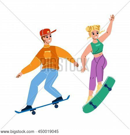 Skateboard Riding Boy And Girl Together Vector. Teenagers Ride Skateboard In Extreme Park, Skateboar