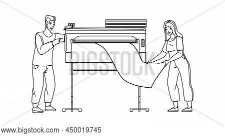 Print Machine Industry Equipment Use People Black Line Pencil Drawing Vector. Man And Woman Printing