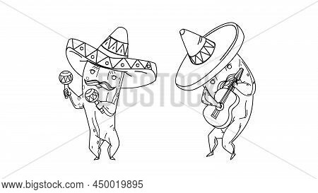 Maxican Cactus Flower Plant. Mexico Cacti Hat. Black Line Pencil Drawing Vector. Green Cute Characte