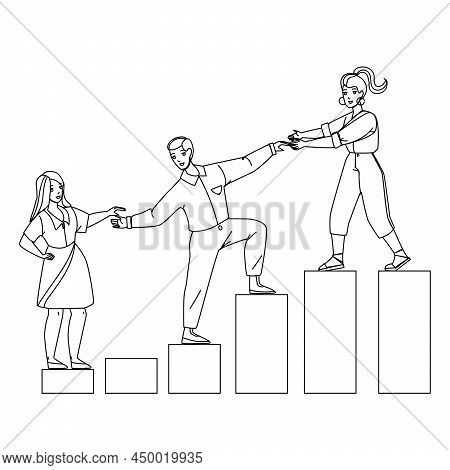 Mentor Helping Employee For Achievement Black Line Pencil Drawing Vector. Woman Mentor Help Man And 