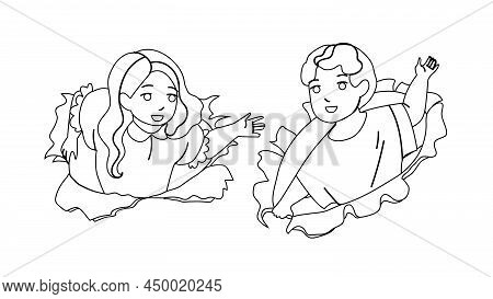 Children Looking Through Torn Paper Hole Black Line Pencil Drawing Vector. Cheerful Boy And Girl Kid