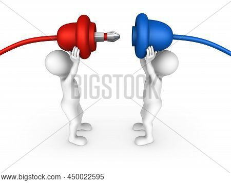 3d People Conecting Two Colored Cables Together