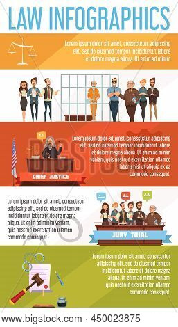 Law And Justice Legal System  Infographic Presentation Retro Cartoon Banners Set Poster With Court T