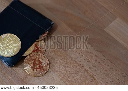 Bitcoins And Crypto Currentcy Wallet Close Up And Copy Space.