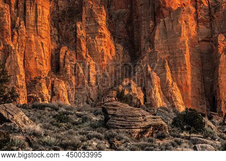 Orange Glowing Rocks Of The Watchmen At Sunset In Zion National Park