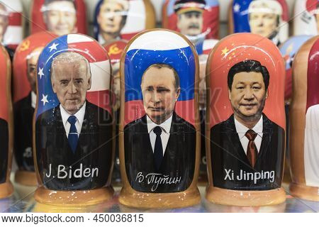 Moscow , Russia - February 26, 2022: Putin, Biden And Xi Jinping In The Form Of Russian Nesting Doll