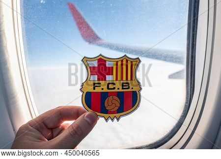 December 6, 2021. Barcelona, Spain. The Emblem Of The Fc Barcelona Football Club On The Background O