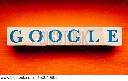 January 31, 2022. Mountain View, California. The Name Of The Google Company, Laid Out From Wooden Cu