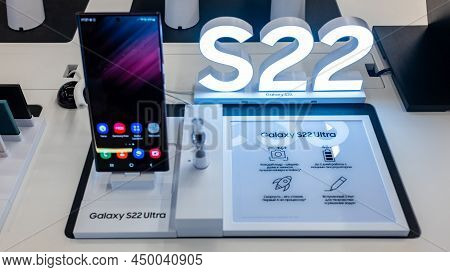 February 15, 2022, Moscow, Russia. The New Samsung Galaxy S22 Ultra Mobile Phone In A Store Window.