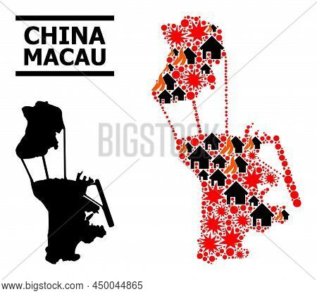 War Collage Vector Map Of Macau. Geographic Composition Map Of Macau Is Organized From Scattered Fir