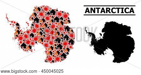 War Mosaic Vector Map Of Antarctica. Geographic Mosaic Map Of Antarctica Is Created With Random Fire