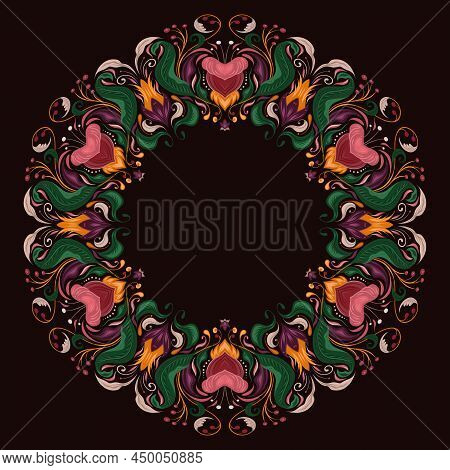 Vector Circle Border With Vintage Floral Ornament. Baroque Round Frame With Flowers And Foliage On A