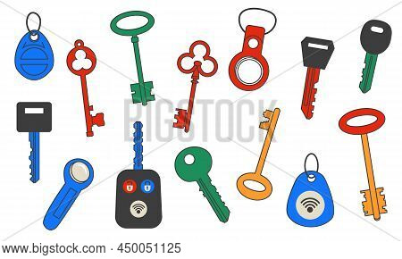 Keys And Tags. Doodle Magnetic Latchkeys And Nfc-tags. Vintage And Modern Access Passkeys Collection
