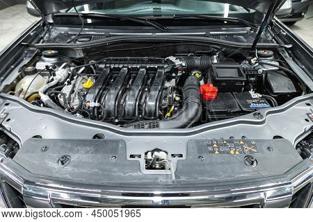 Novosibirsk, Russia -  February  10, 2022: Nissan Terrano, Close Up Detail Of Car Engine