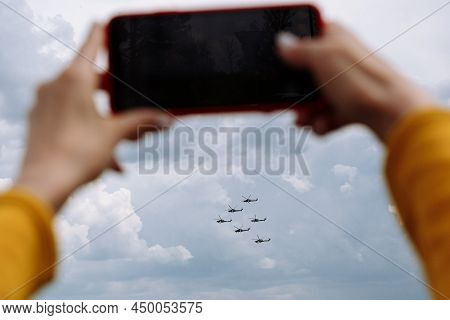 A Person Is Taking Photo Of Aerobatic Team During A Demonstration Flight. 15th Of May 2021 Kubinka, 