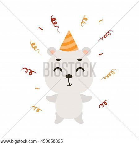 Cute Little Polar Bear On Birthday Hat On White Background. Cartoon Animal Character For Kids Cards,