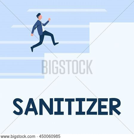 Text Sign Showing Sanitizer. Conceptual Photo Liquid Or Gel Generally Used To Decrease Infectious Ag
