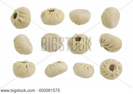 Baozi , Dumplings, Dim Sum, Ravioli, Buuz, Pelmeni, Pyanse, Khinkali, Manti , Isolated On White Back