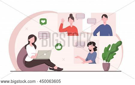 Online Meeting Concept. Girl With Laptop Sits On Pouffe. Communication With Friends, Modern Technolo
