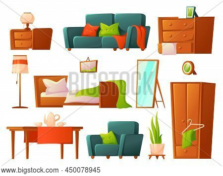 Cartoon Furniture. Bed, Lounge Furnitures. Cozy House Room Elements, Isolated Sofa, Arm Chair, Table