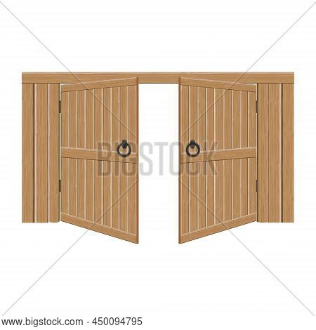 Old Wooden Massive Open Gates, Vector Illustration. Double Door With Iron Handles And Hinges.