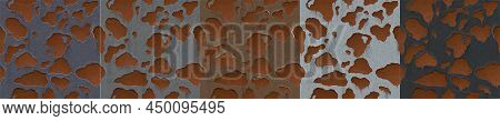 Old Metal Wall Textures With Rust And Flaky Paint For Game Background. Vector Cartoon Set Of Abstrac