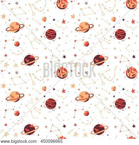 Seamless Pattern. Space Elements, Children's Pattern, Astronauts, Planets, Stars. Space And The Univ