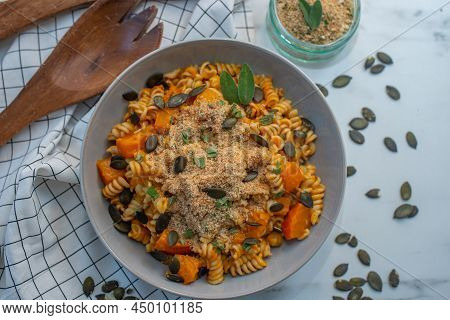Pasta Alla Zucca, Healthy Home Made Pumpkin Pasta On A Table