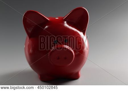 Close-up Of Red Piggybank Container On Grey Surface, Thing To Save Money, Ceramic Animal. Finance, S