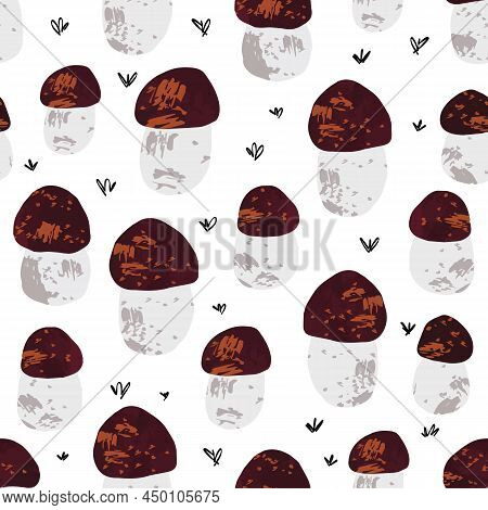 Porcini Mushroom Seamless Vector Background. Repeating Pattern With Funghi. Nature Food Forest Backd