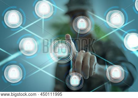 Soldier Pressing Text Data Integration Button On A Virtual Interface. Big Database Military Technolo
