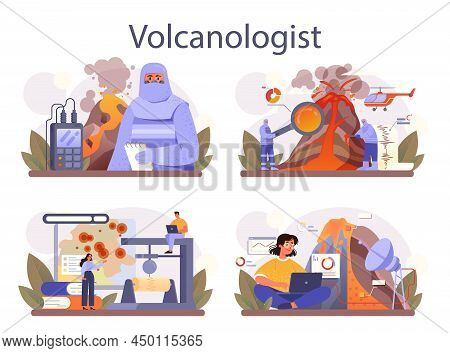 Volcanologist Concept Set. Geologist Studying The Processes And Activity