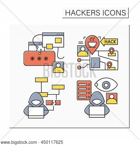 Hackers Color Icons Set. Safe Web Browsing And Cybersecurity. Email Phishing, Fake Url, Keylogger An