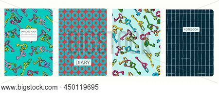 Cover Page Templates Based On Seamless Patterns With Keys, Circles. Background For Notebooks, Notepa