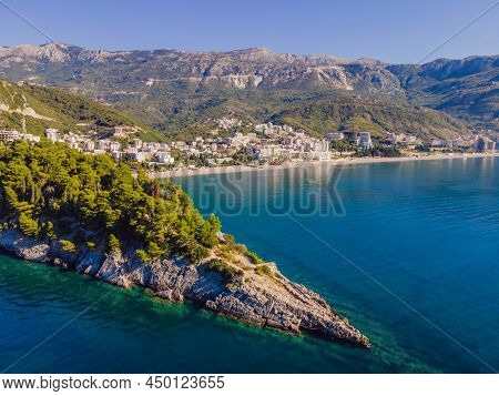 Aerophotography. View From Flying Drone. Panoramic Cityscape Of Budva, Montenegro. Top View. Beautif