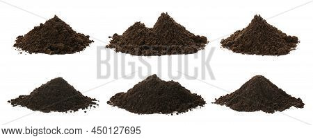 Set With Piles Of Fertile Soil On White Background. Banner Design