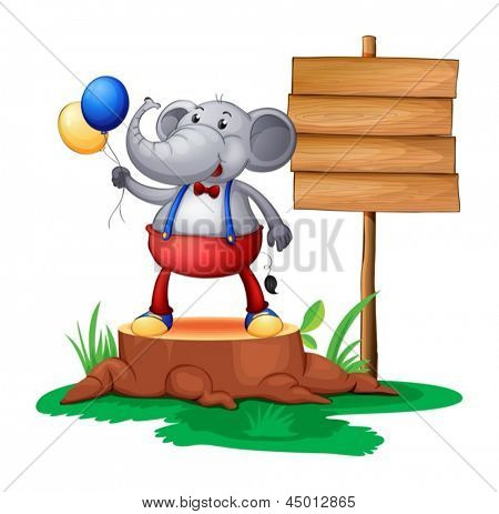 Illustration av en stam med en elefant nära den trä skylt på en vit bakgrund