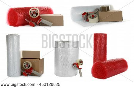 Set With Bubble Wrap Rolls, Cardboard Boxes And Tape Dispensers On White Background