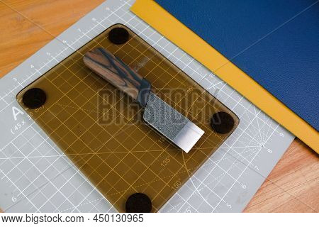 Knife From Steel And Ebony Wood. Exclusive Handmade Leather Craft Tool.
