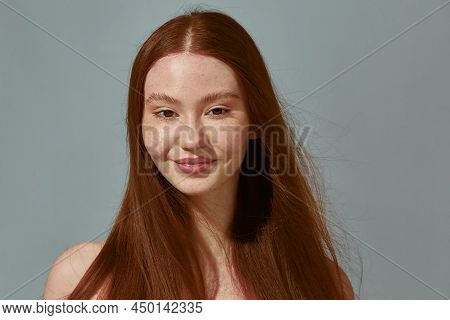 Redhead Girl After Using Fox Eye Lift Tape With Bare Shoulders, Long Ginger Hair Smiling Satisfied W