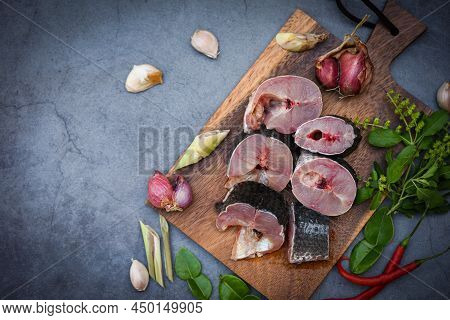 Snakehead Fish For Cooking Food, Striped Snakehead Fish Chopped With Ingredients Herb And Spices On 