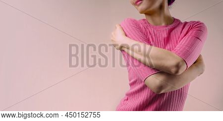 Love Yourself Concept. Smiling Female Embracing And Hugging Herself.  Positive Mind. Wellbeing Menta
