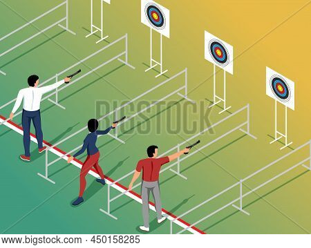 Isometric Shooting Range Composition With View Of People Fire Guns With Targets On Stands And Barrie