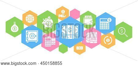 Money And Banking Web Banner. Credit Card, Currency Exchange, Atm, Terminal Vector Horizontal Line I