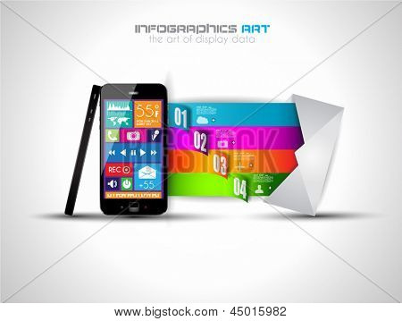Infografica moderna con un touch screen smartphone nel mezzo. Elementi di design e spazio per il testo 