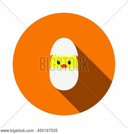 Easter Chicken In Egg Icon. Flat Circle Stencil Design With Long Shadow. Vector Illustration.